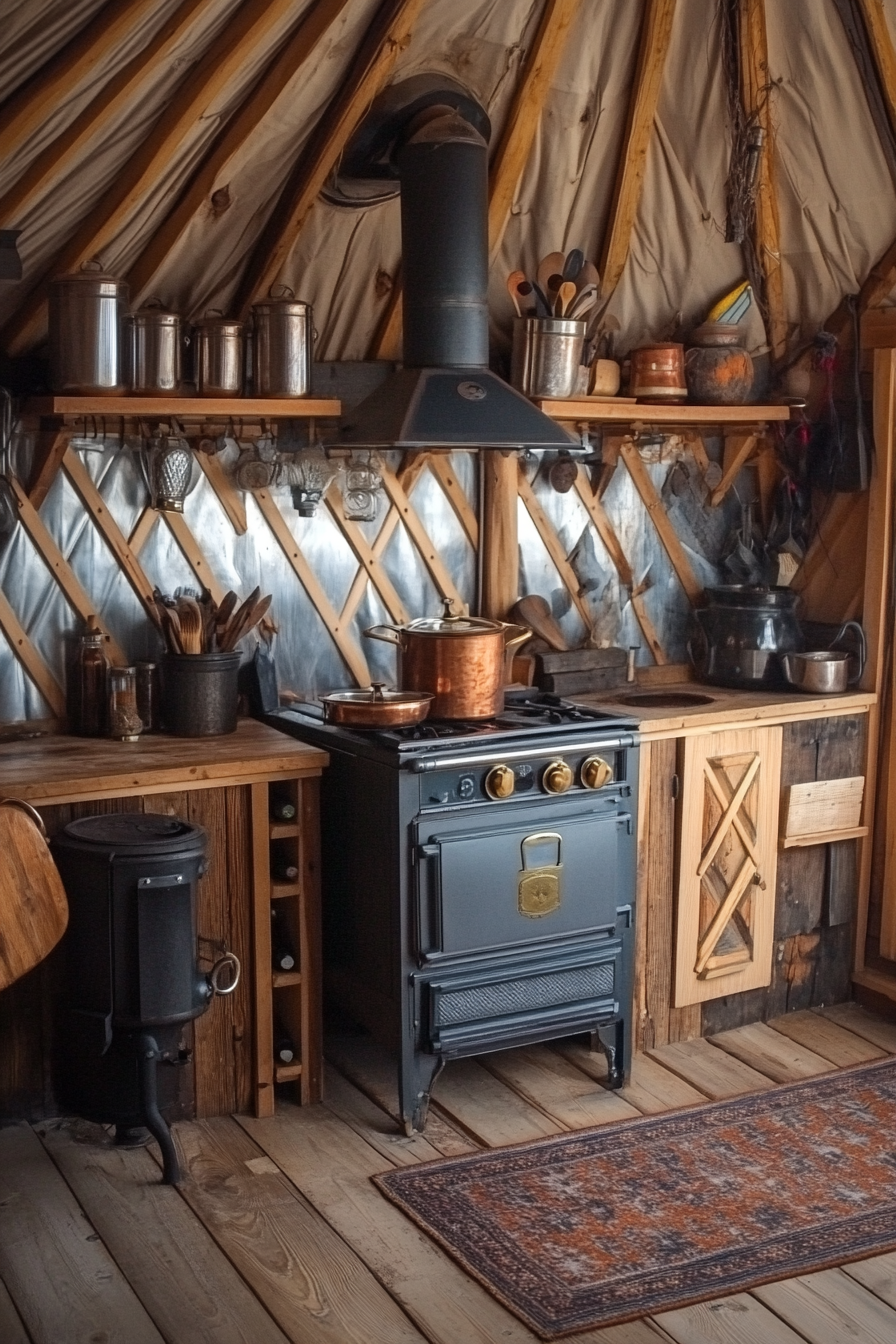 Alpine Yurt Kitchen. Wood stove, vintage copper pot sets, pine spices wall.