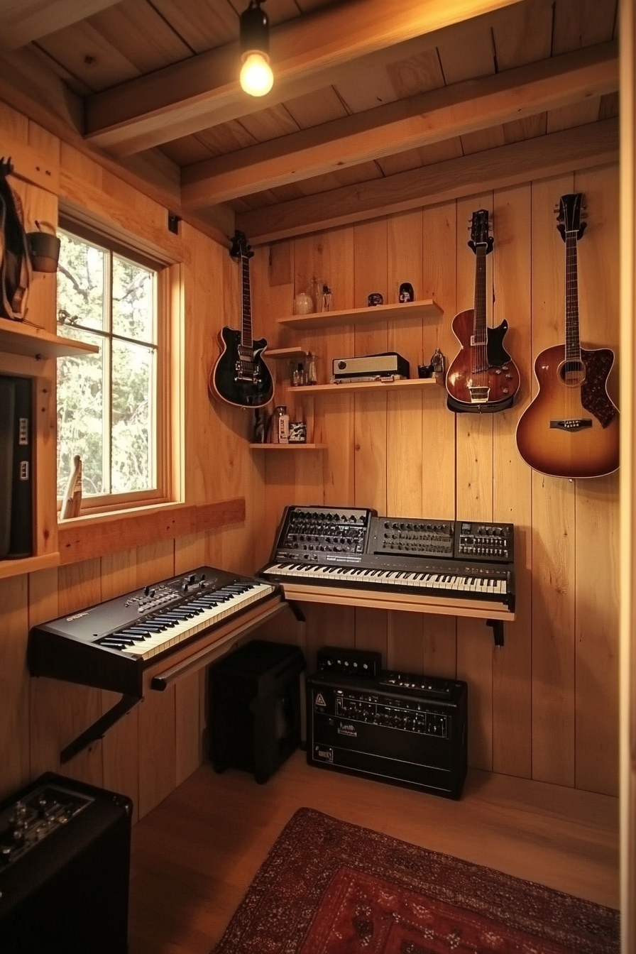 Tiny music room. Wooden wall cabin aesthetics, sound-proofing features, keyboard mount, guitar wall hooks.