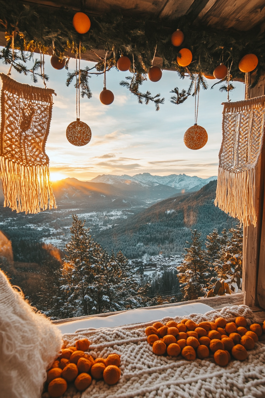 Wide angle holiday space. Macramé stockings, dried orange garlands, mountain sunset view.