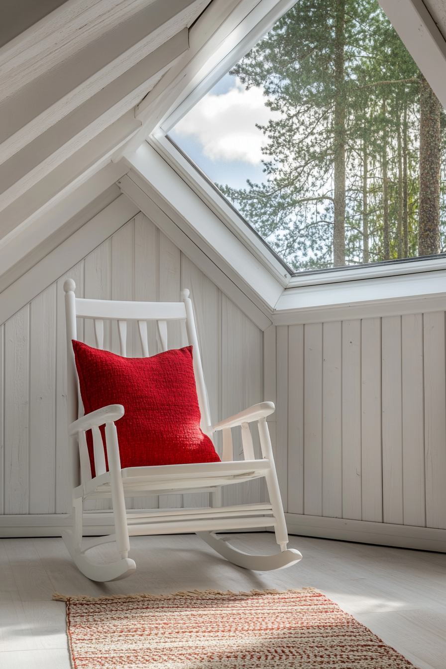 Scandinavian-inspired space. Red cushion on white rocking chair, northern lights visible through skylight.