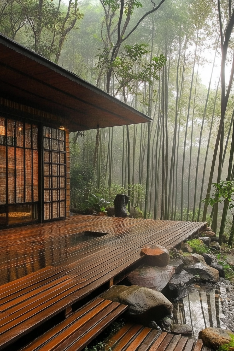 Wide angle view. Minimalist tiny house deck, bamboo screens, rock garden elements, misty bamboo forest.