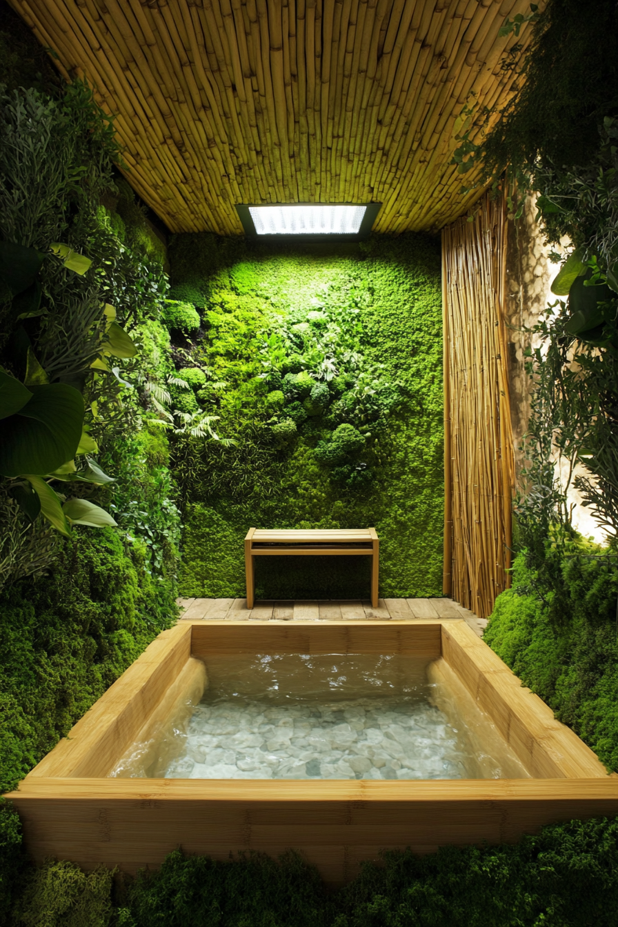 Nature-Inspired Bathhouse. Bamboo soaking tub with surrounding moss wall and zen meditation bench.