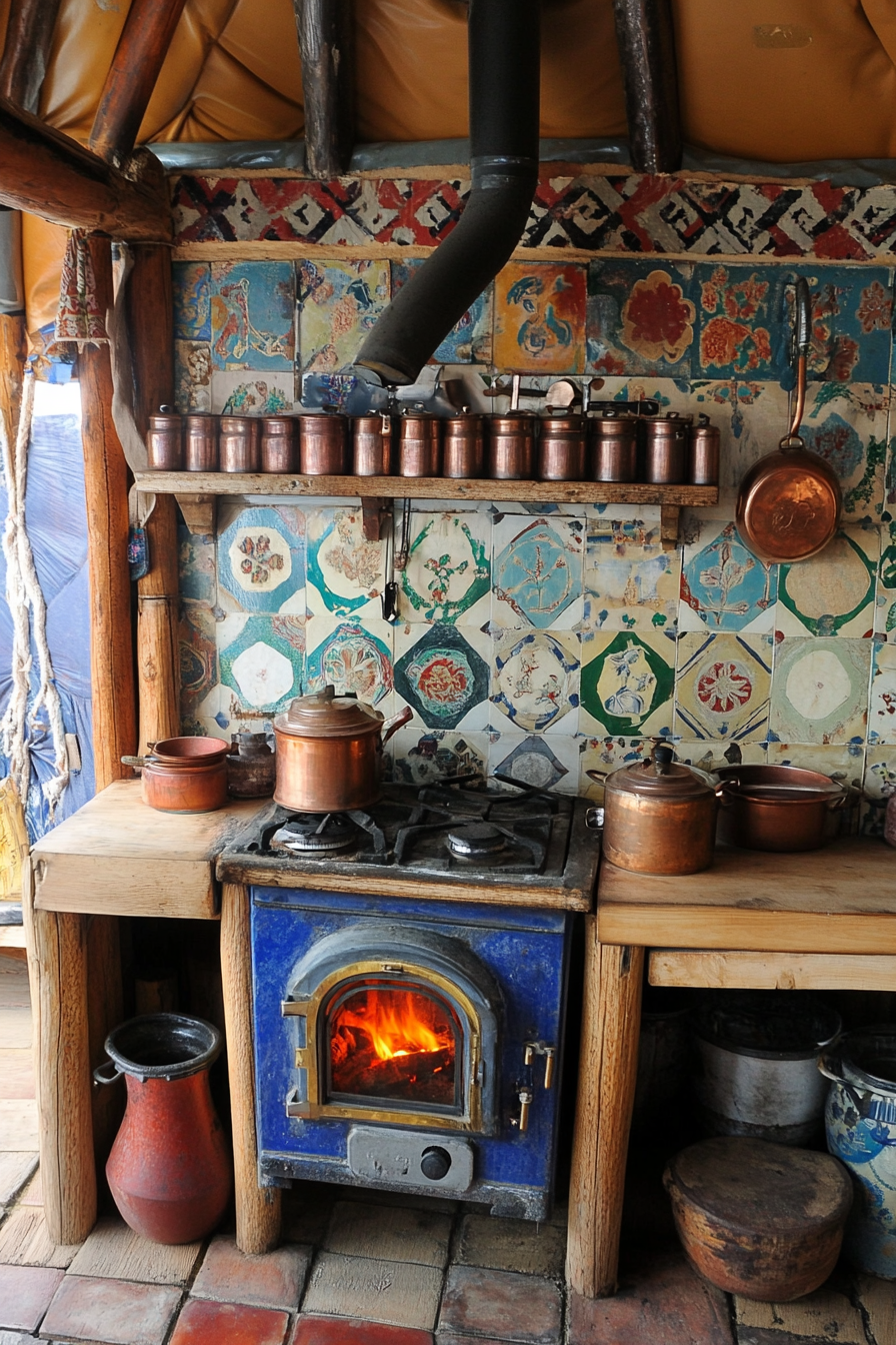 Alpine-Style Yurt Kitchen. Wood stove surrounded by clay jar spice wall and glistening copper pots.