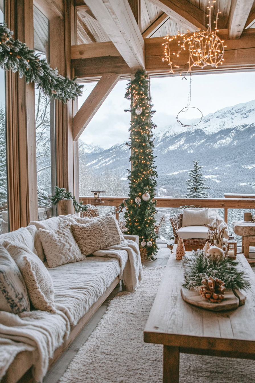 Wide angle view of farmhouse-style space. Pine garlands, wooden ornaments, and view of snowy mountains.