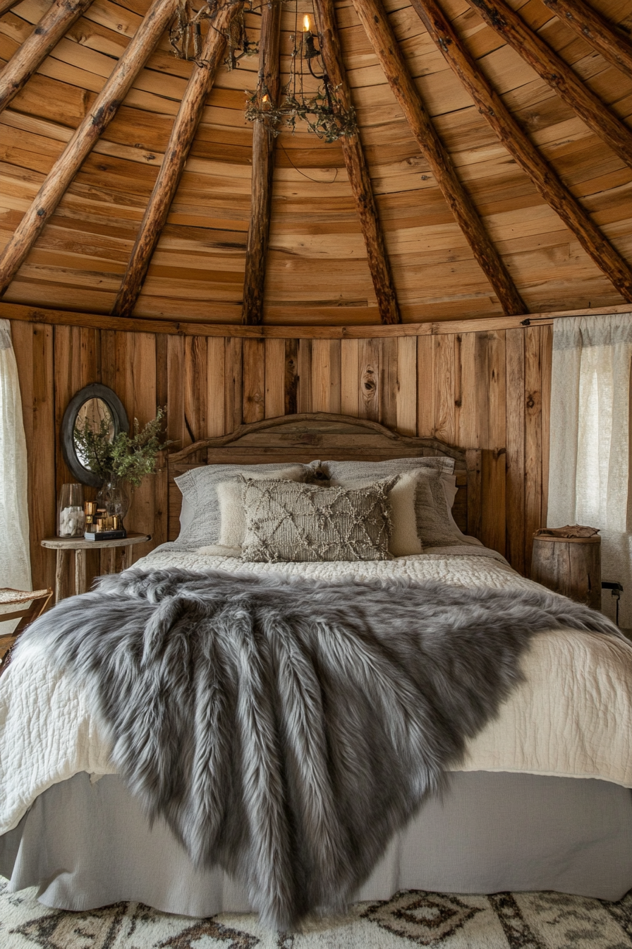 Alpine-view Yurt Bedroom. Cedar-clad dome ceiling, reclaimed oak bed, grey fur throw.