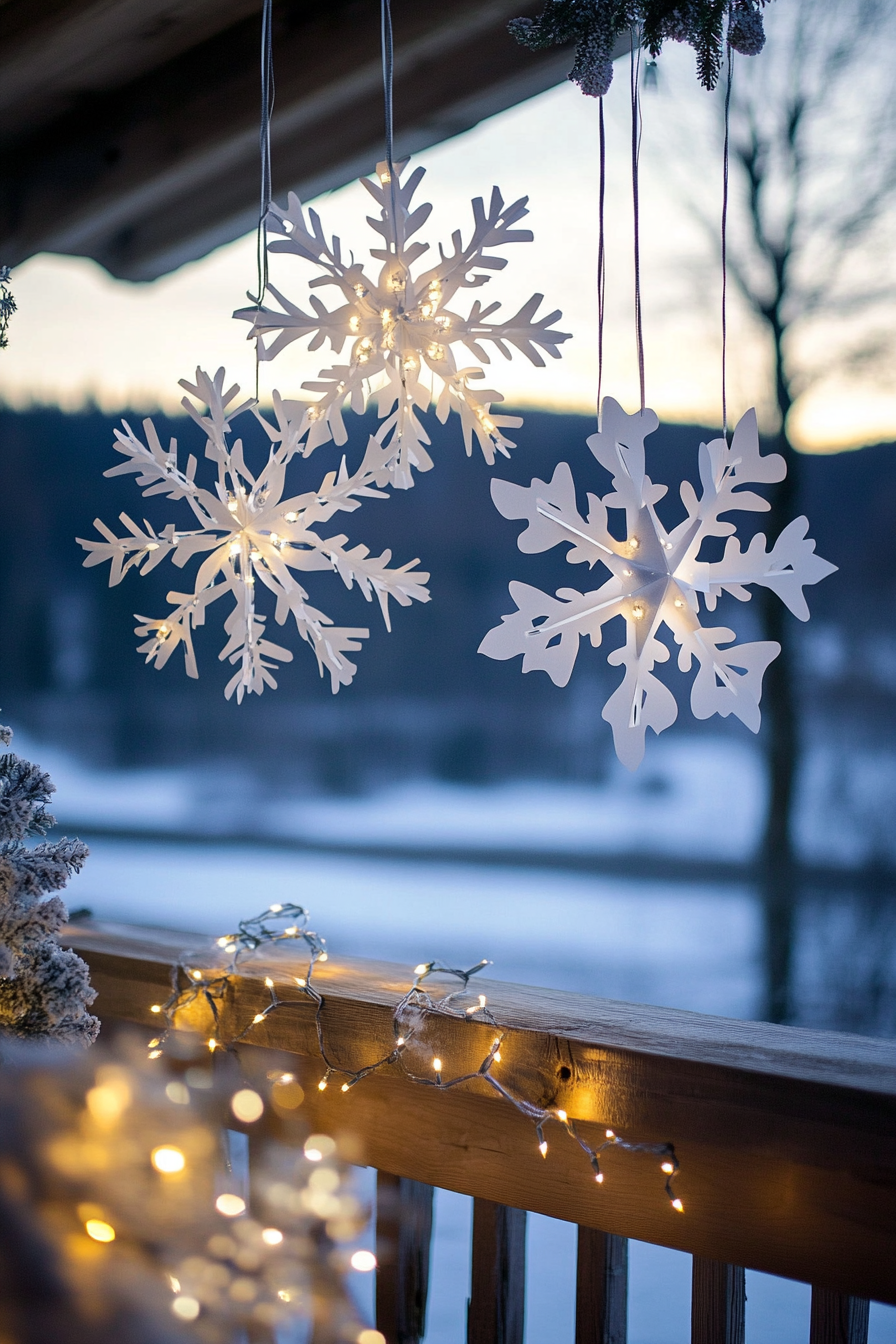 Modern Christmas decor. White paper snowflakes, twinkling lights, frost-covered valley in the background.