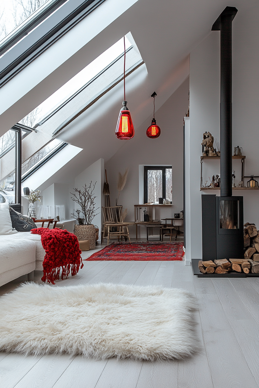 Scandinavian-inspired space. White faux fur rug, red pendant lights, skylight viewing northern lights.