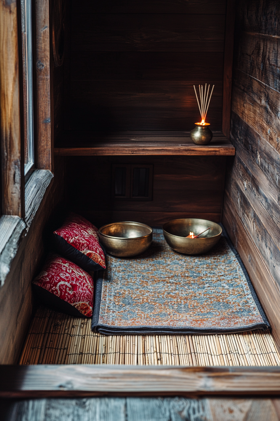 Zen-style van meditation room. Bamboo mat, bronze incense holder, vibrant singing bowls.