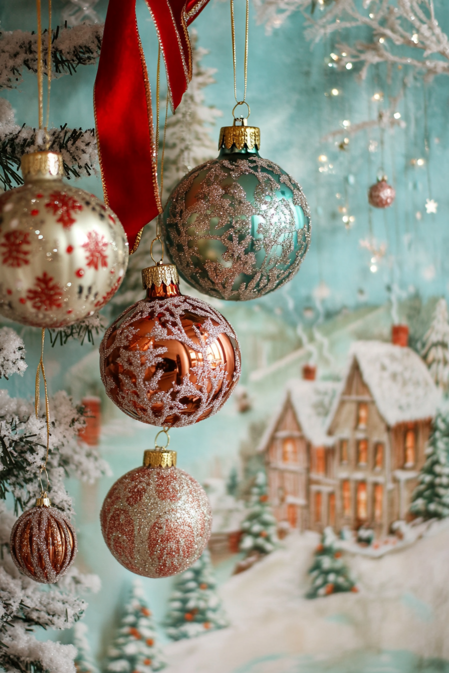 Christmas interior. Velvet ribbons twirling around frosted vintage ornaments, snowy village backdrop.