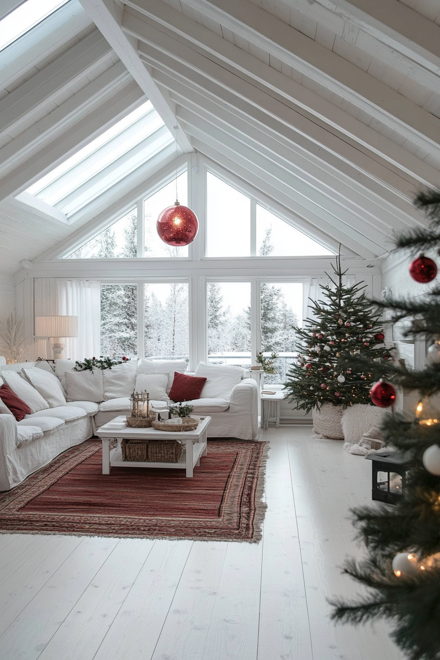 Scandinavian-inspired space. Wide-angle view, red and white ornaments, northern lights through the skylight.