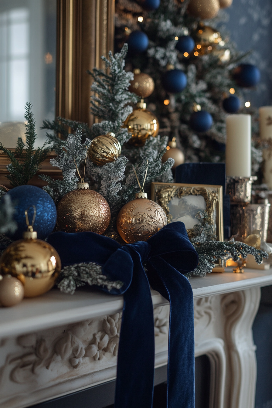 Wide angle view of Christmas interior. Vintage gold ornaments, navy velvet ribbons on mantelpiece.