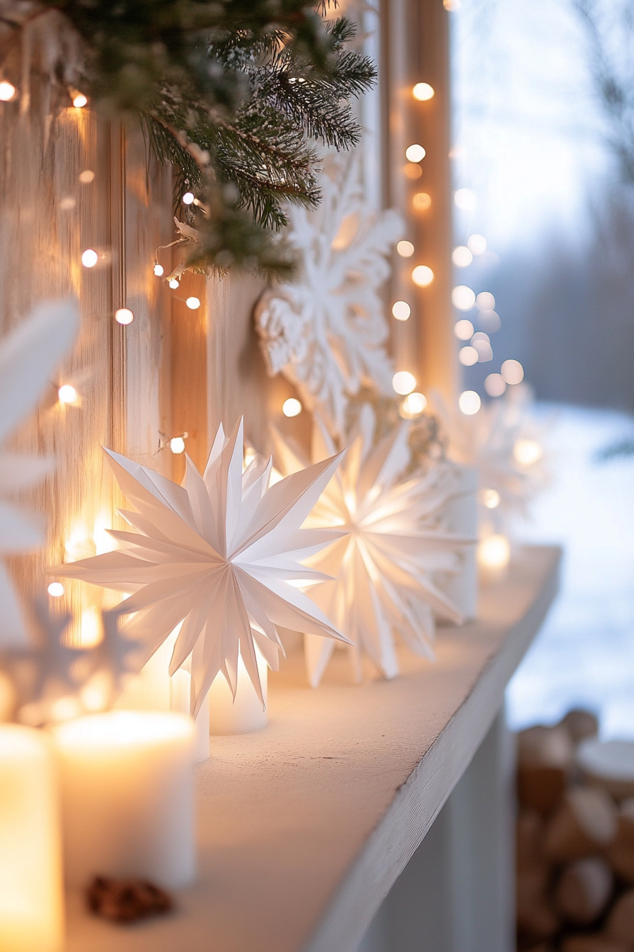 Modern Christmas décor. White origami snowflakes, white fairy lights, frost-covered valley panorama.