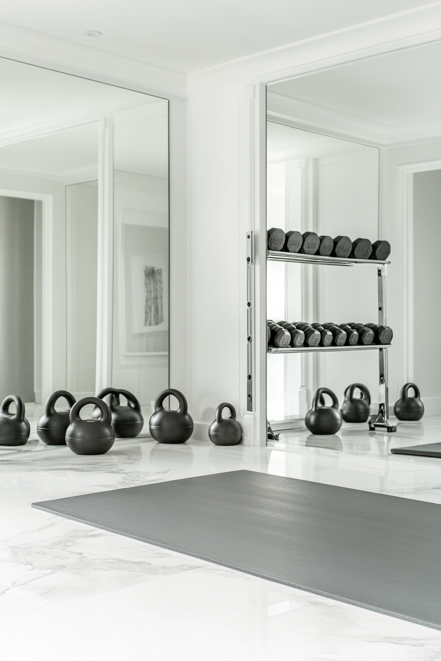 Contemporary gym. Wall-to-wall mirror, kettlebell rack, yoga mat on white marble flooring.