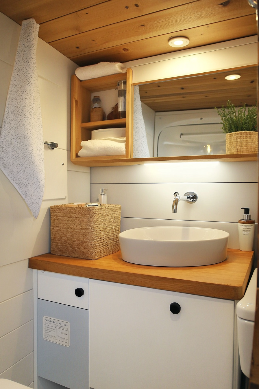 Contemporary camper bathroom. Hidden storage behind a mirror.