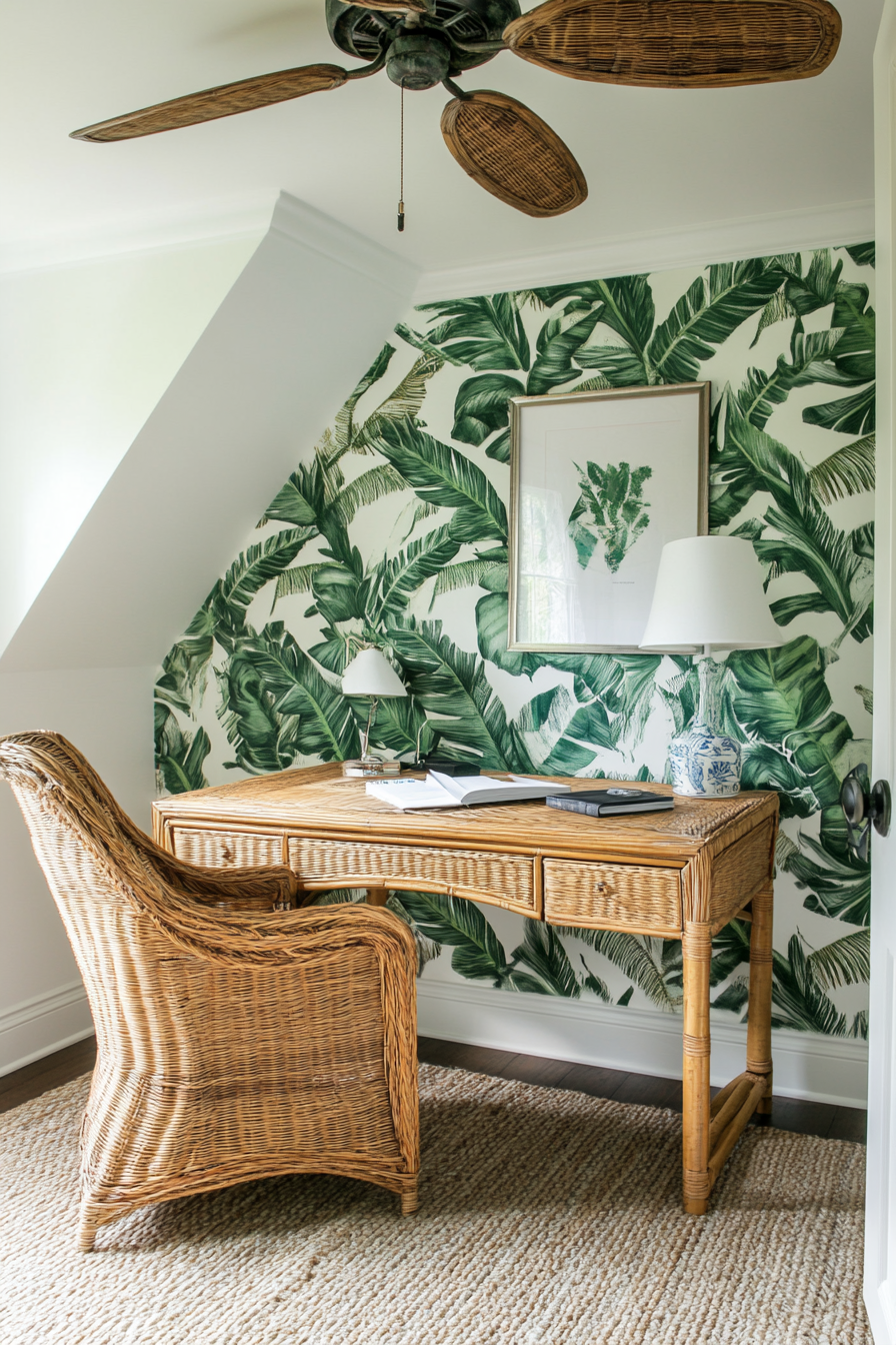 Tiny office. Rattan desk with tropical leaf wallpaper and vintage ceiling fan.