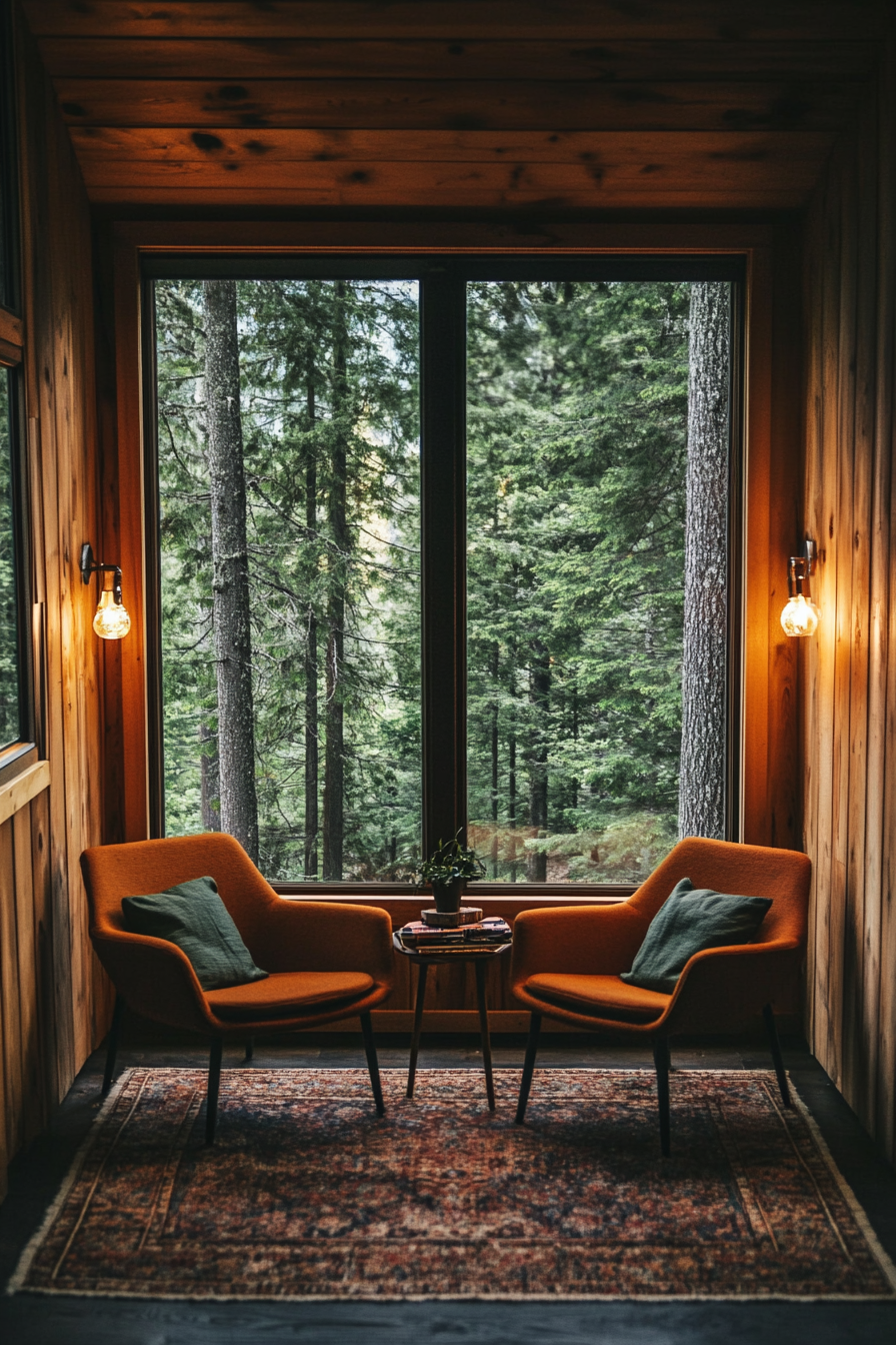 Van lounge. Pine paneling, forest view, camp chairs.