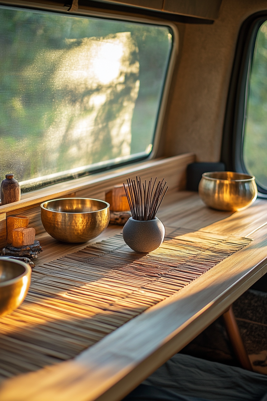 Zen-style van meditation room. Charcoal incense holder amidst singing bowls on bamboo mat.