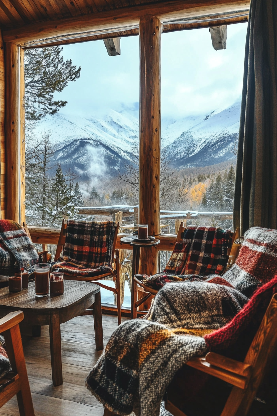 Ski lodge interior. Wool blankets over wooden chairs near hot cocoa station with snow peaks view.