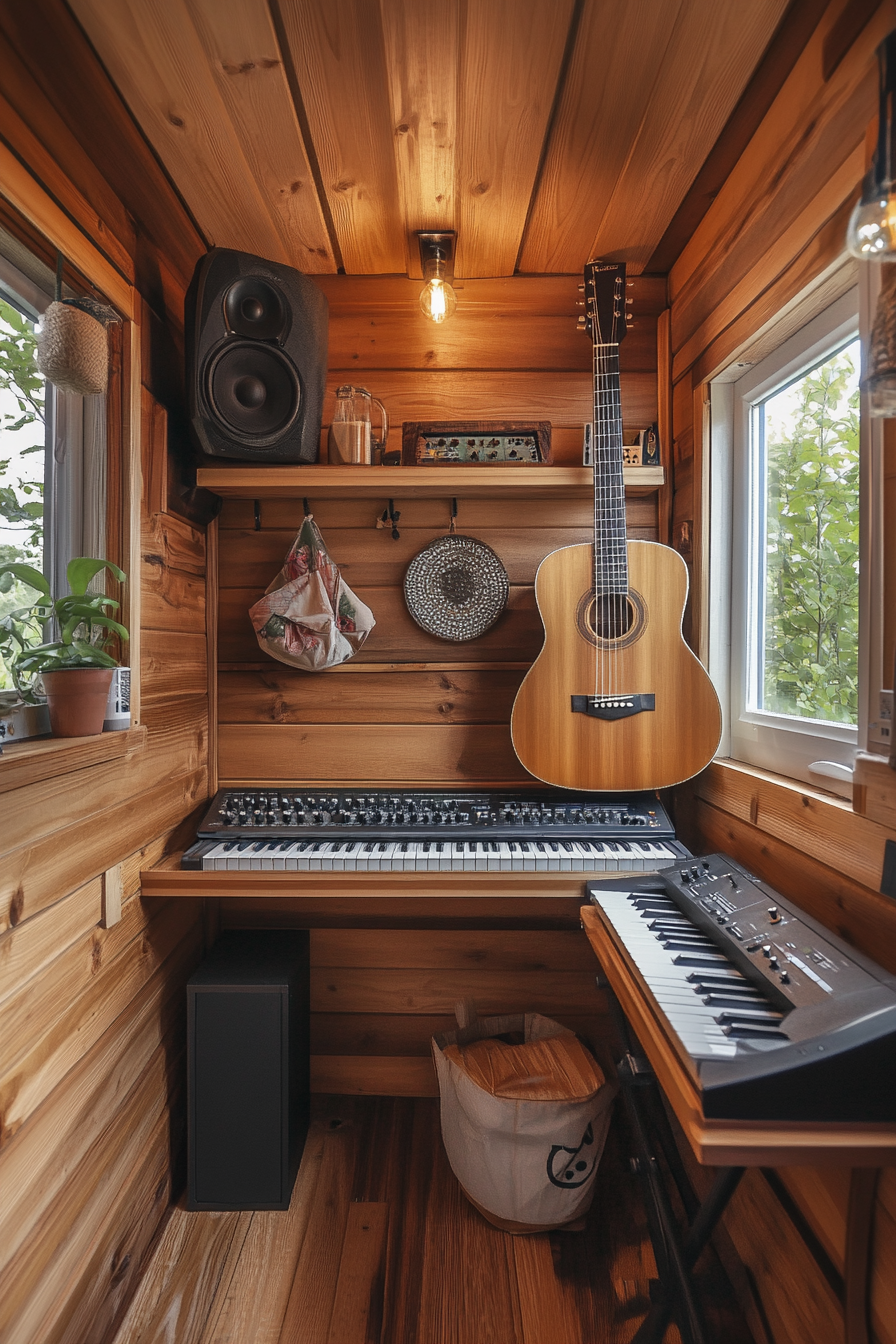 Tiny music room. Oak finish soundproof, hanging acoustic guitar, keyboard mount, woodland-style decor.