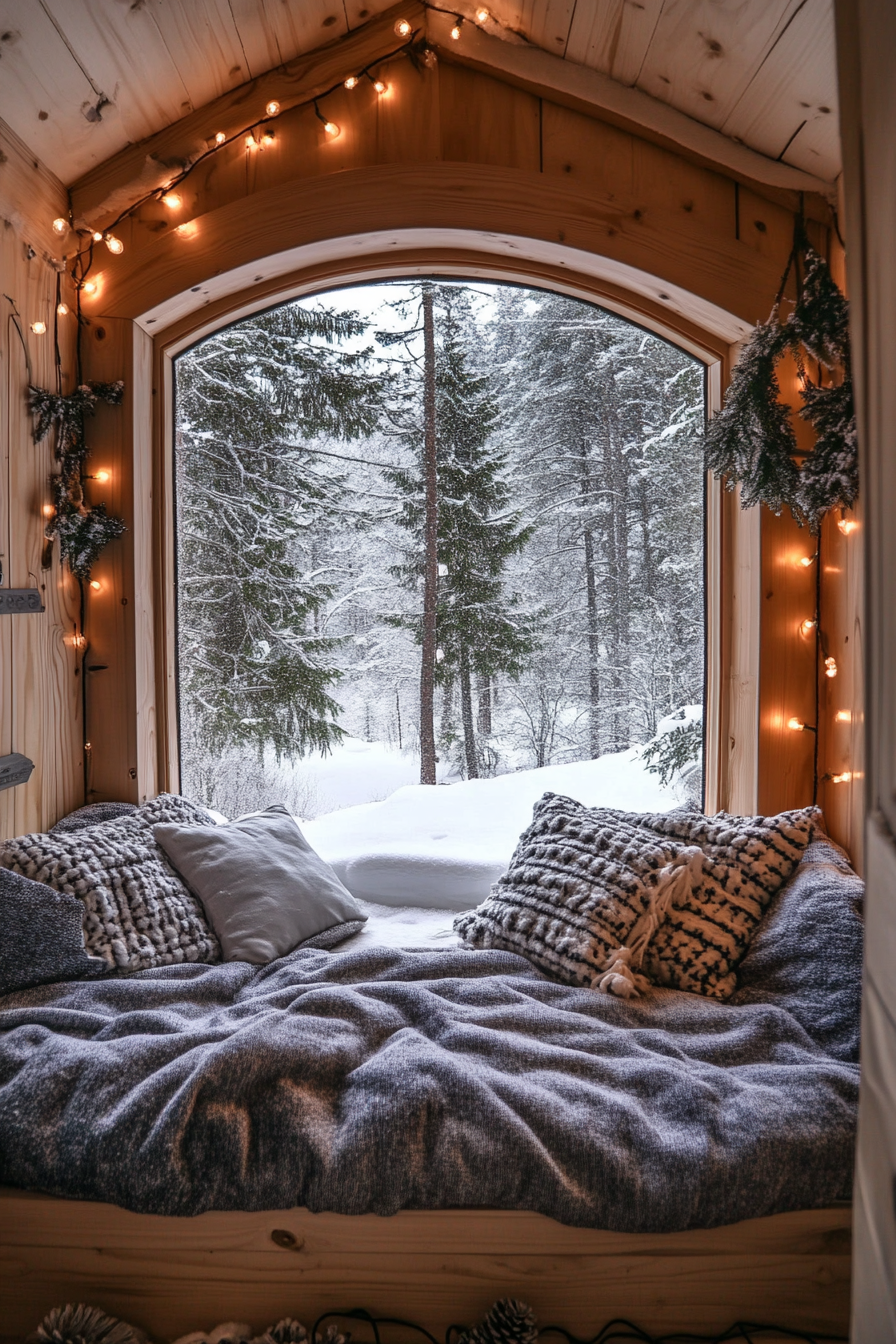 Wide angle view. Flannel-bedded sleeping nook with string lights, window panorama of snowy forest.