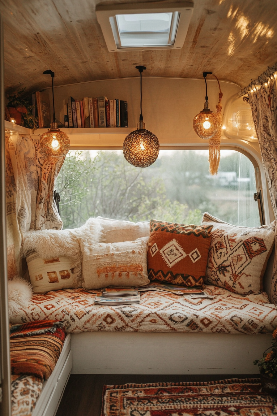 Desert-Boho camper reading corner. Muted Southwest-patterned textiles, hanging LED book lights, scattered desert-toned cushions.