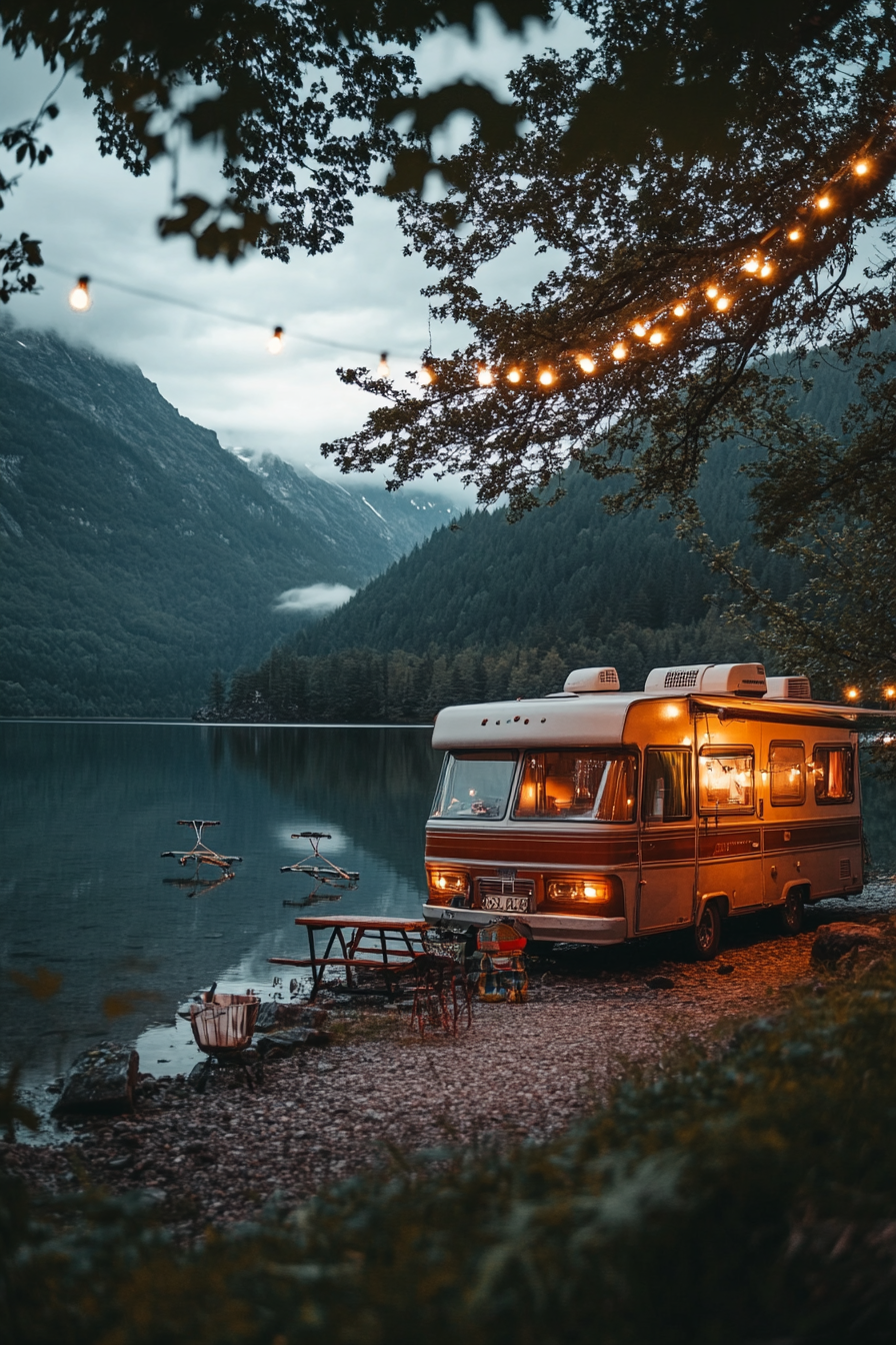 Wide angle view. Retro-styled RV, crystal-clear mountain lake, metal gliders, string lights.