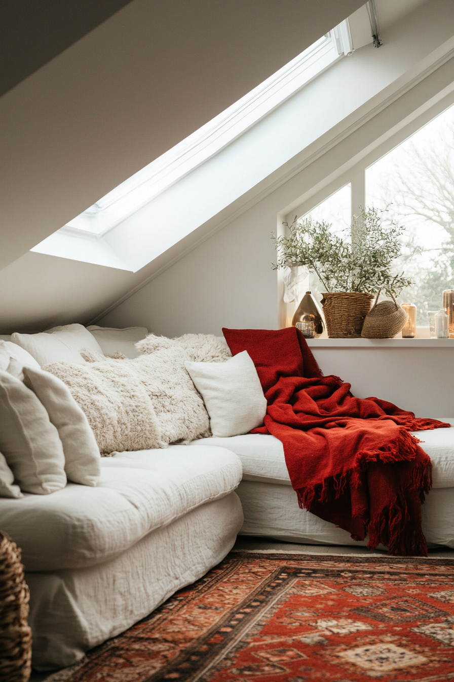 Scandinavian space. Red throw on white couch, Northern lights through a skylight.