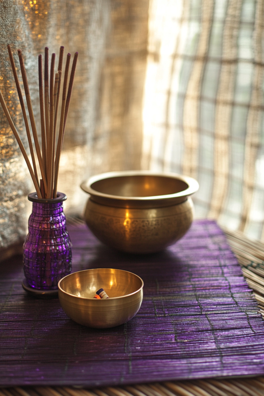 Meditation Room. Bamboo mat, purple incense holder, gold singing bowls, Van background.