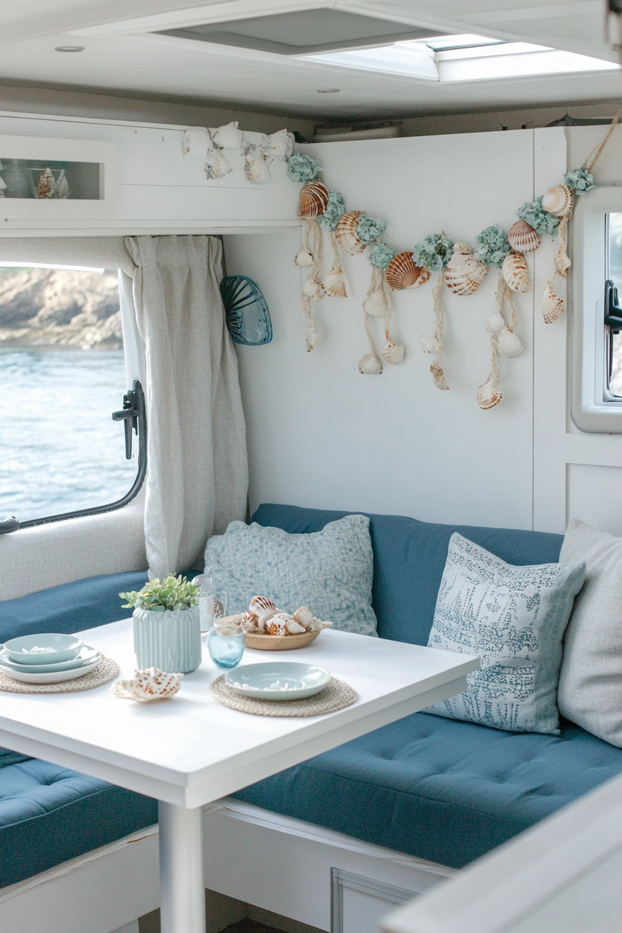 Van dining area. White fold-out table, ocean blue cushioned seats, seashell garland decor.