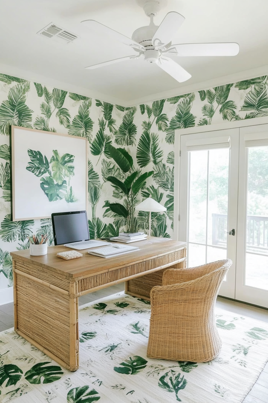 Tropical-modern Tiny Office. Rattan desk with leaf pattern wallpaper and white ceiling fan.