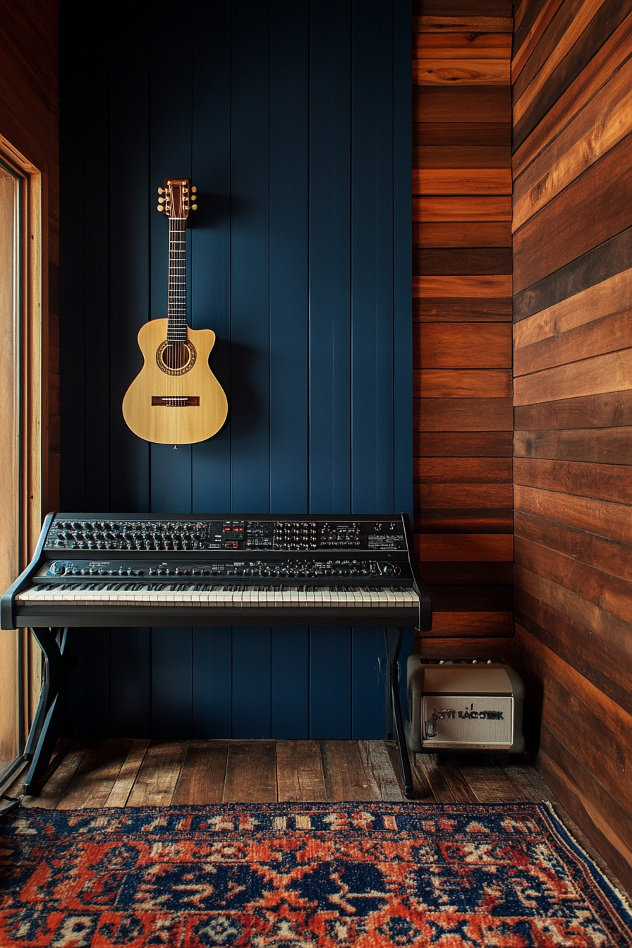 Tiny music room. Redwood paneling, midnight blue sound-proof walls, wall-mounted keyboard, Ivory guitar.