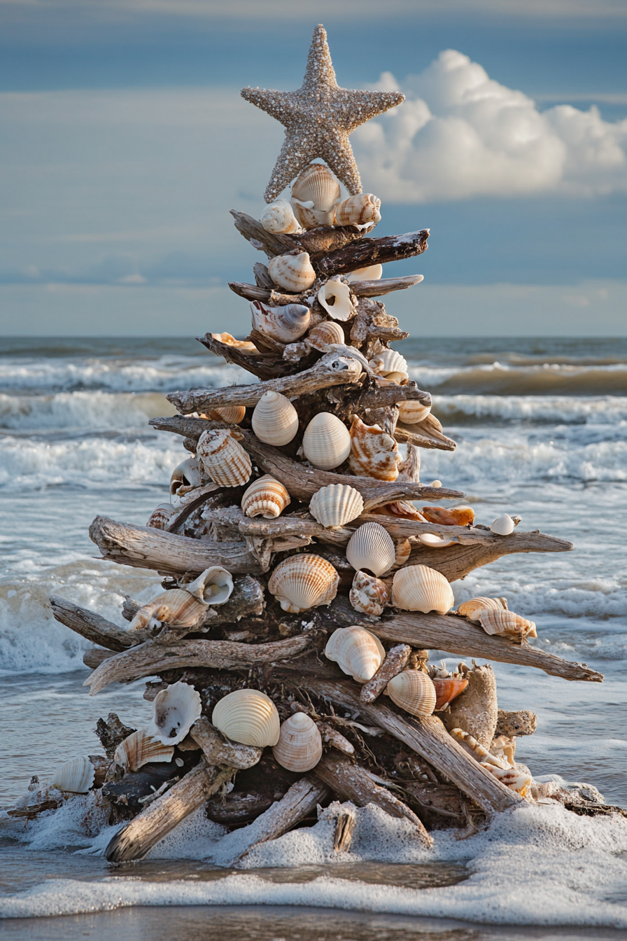 Holiday décor view. Driftwood tree with shell ornaments and winter beach waves.