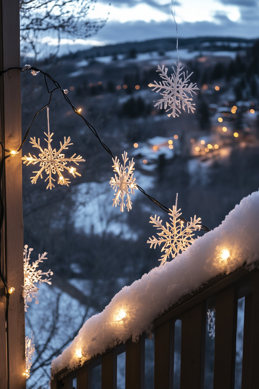 Modern Christmas décor. White lights, paper snowflakes, wide-angle view overlooking frost-covered valley.