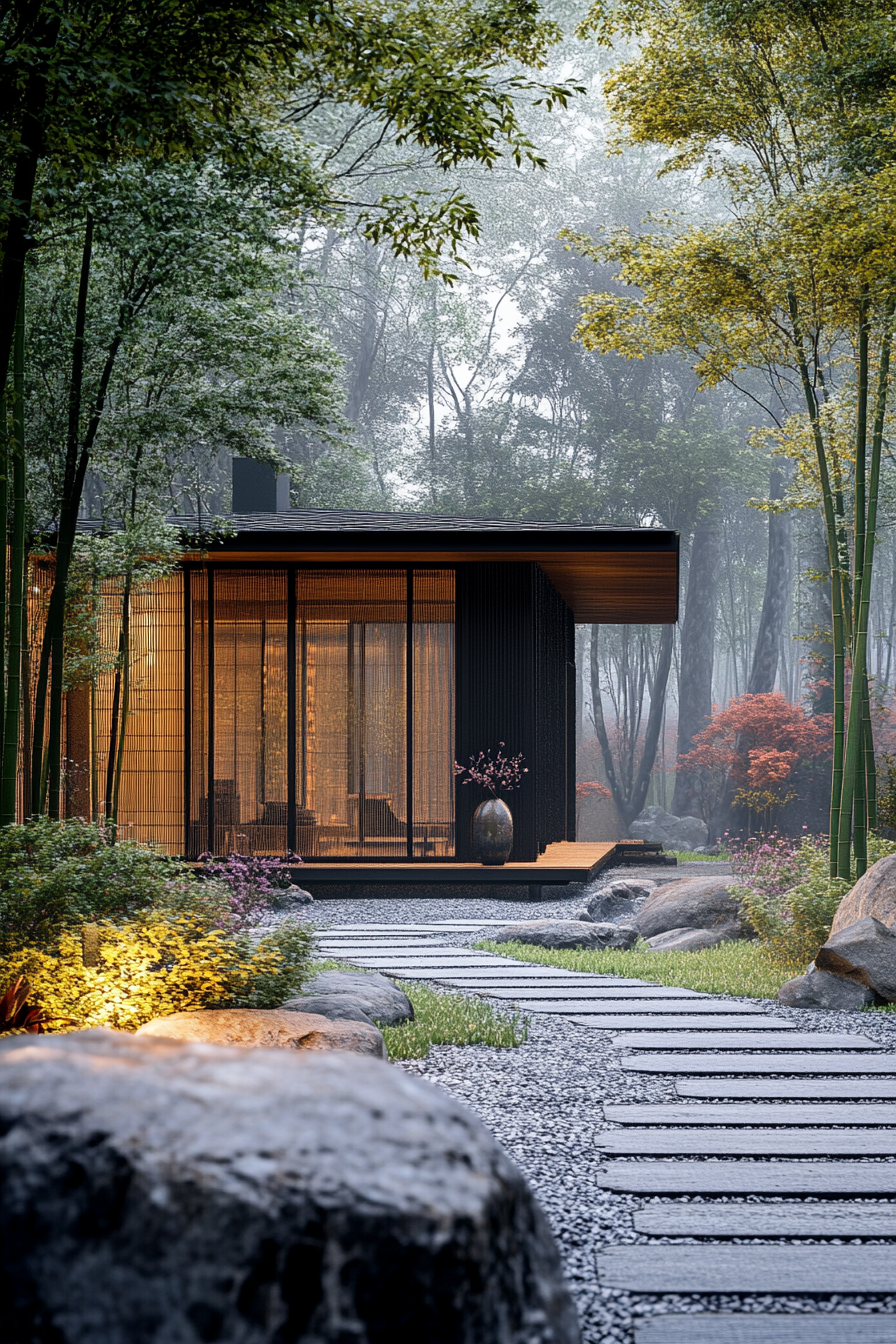 Wide angle view. Minimalist tiny house, bamboo screens, rock garden, misty bamboo forest.