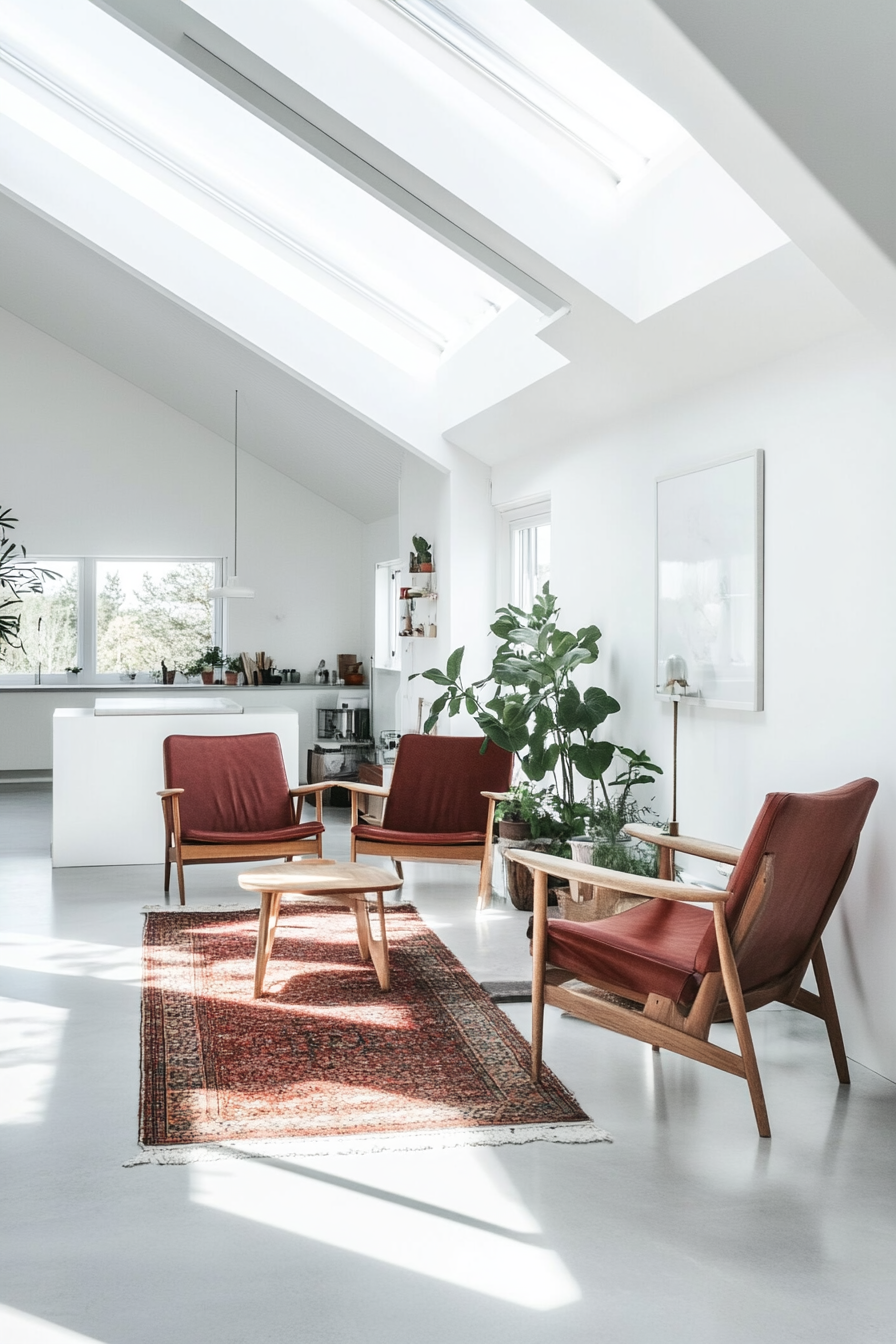 Scandinavian-inspired space. Red wooden furniture, white walls, northern lights visible through skylight.