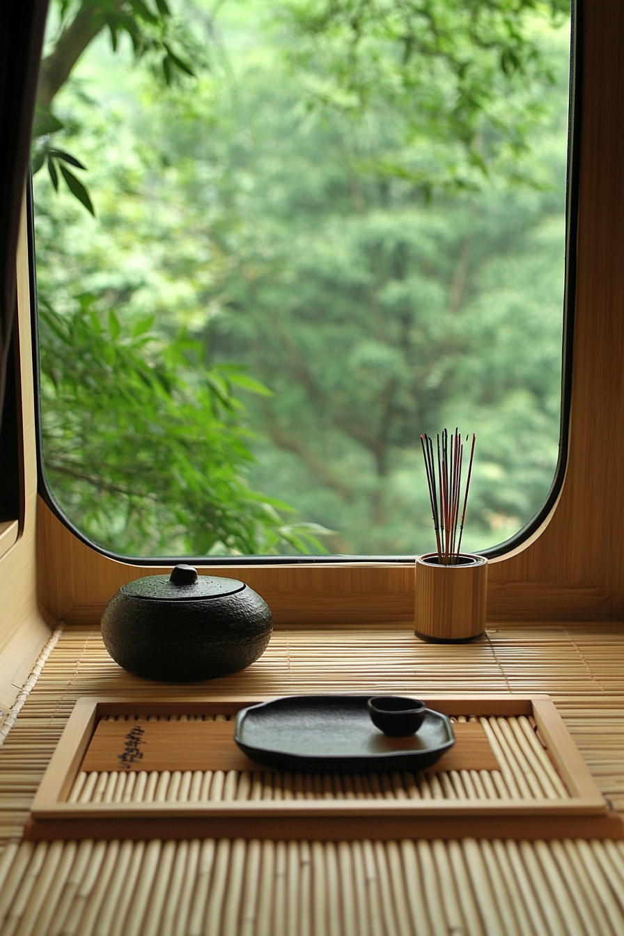 Zen-style van meditation room. Bamboo mat with Japanese-inspired incense holder.