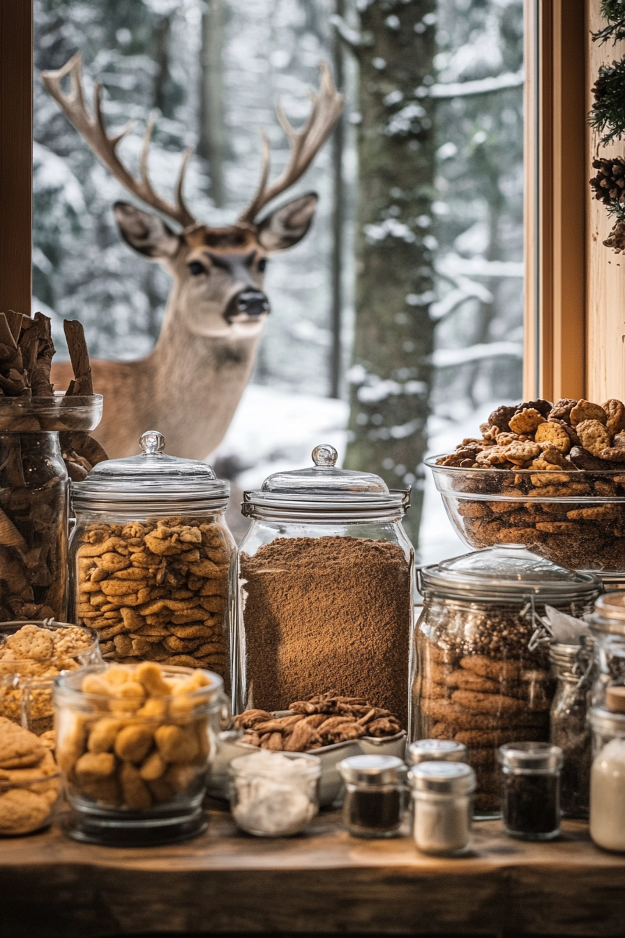 Wide-angle view. Spice storage amidst cookie station, deer peering from snowy meadow background.