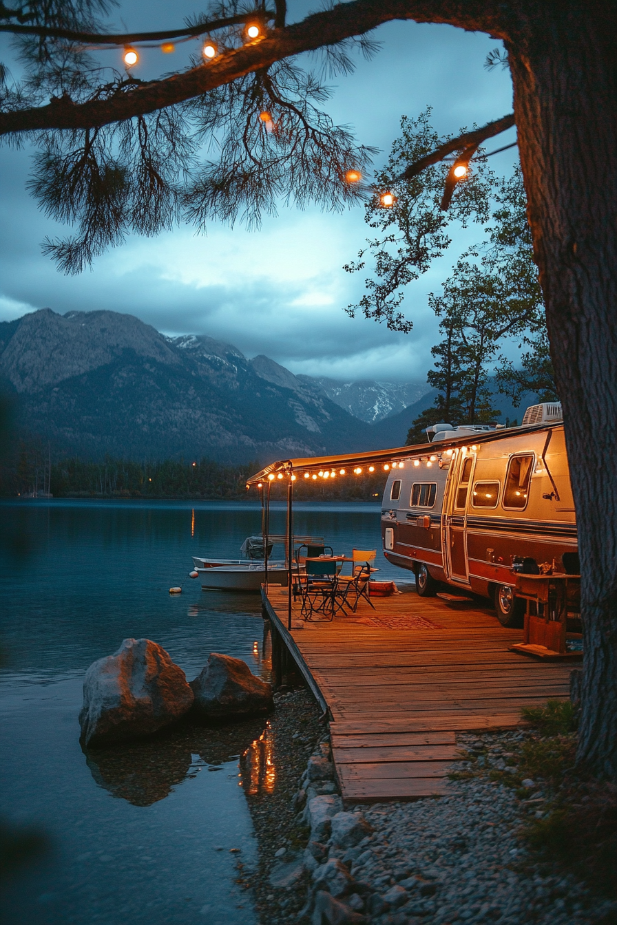 Wide-angle view. Retro RV entrance, strung lights, beside clear mountain lake.