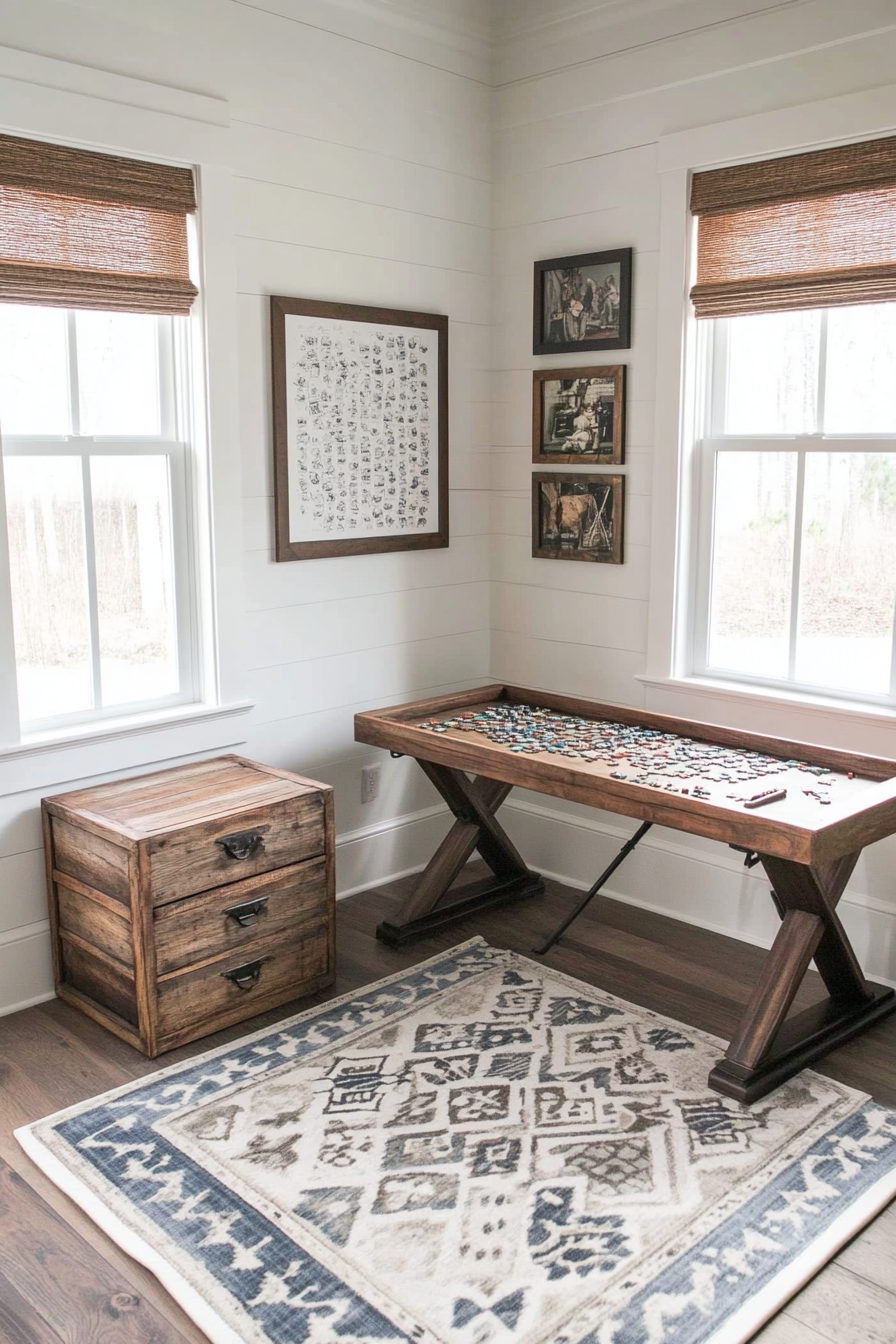 Tiny game room. Coastal style patterned rug, weathered storage board, antique card table, minimalistic puzzle station.