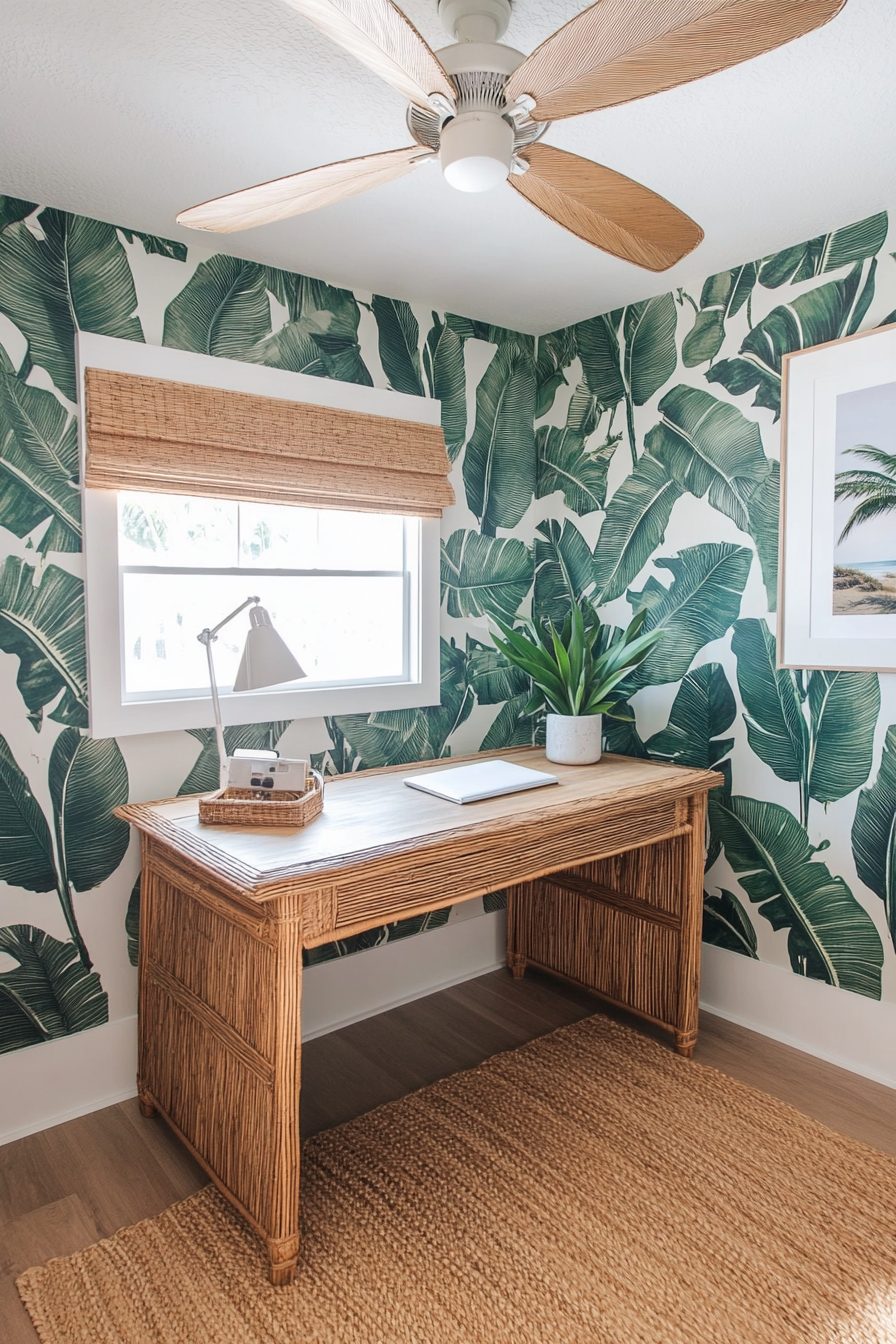 Tropical-Modern Tiny Office. White ceiling fan, leaf-patterned wallpaper, rustic rattan desk.