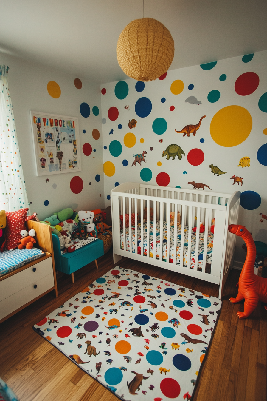 Wide angle view. Baby space with multi-colored polka dot wall and dinosaur-patterned floor mat.