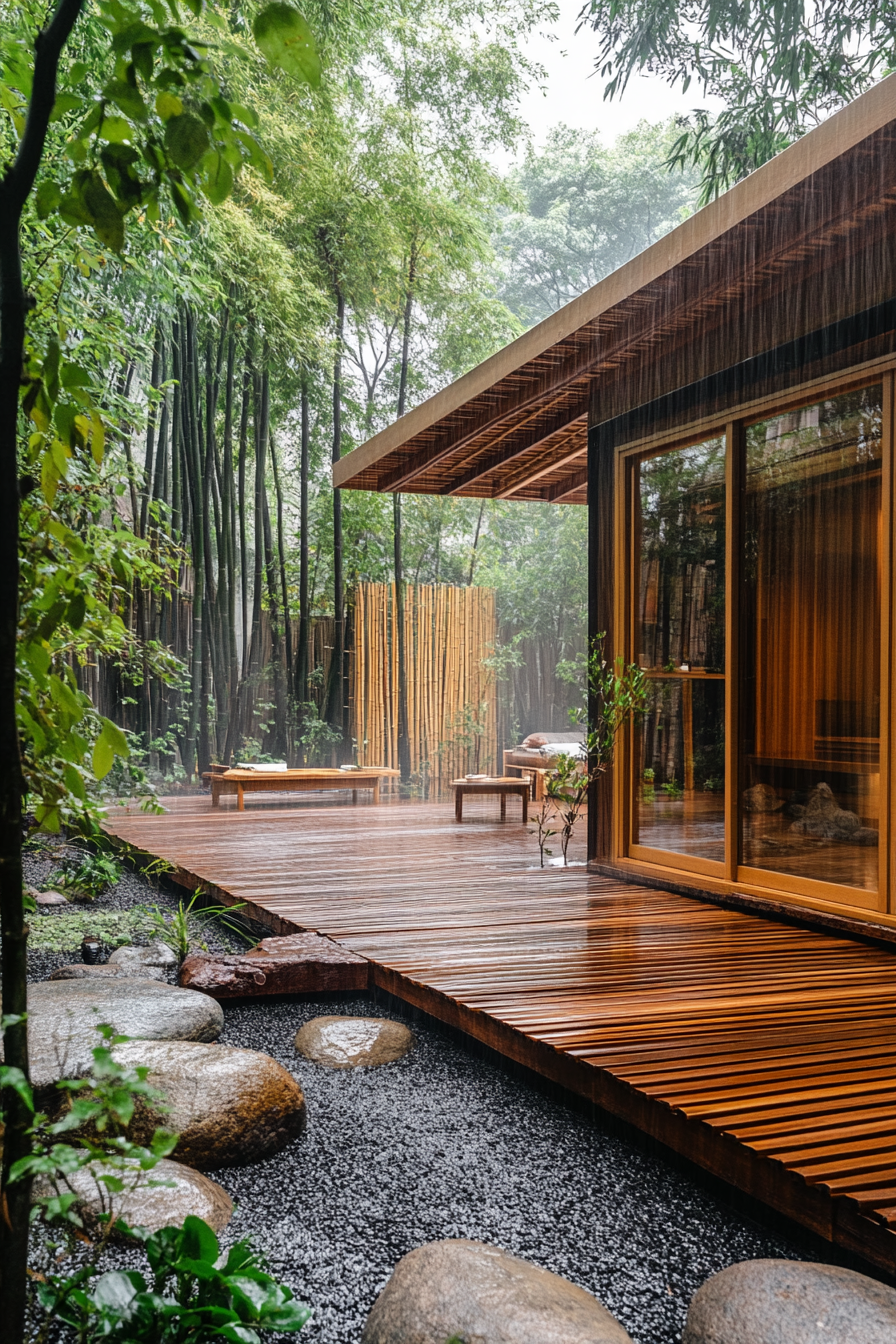 Wide angle view. Minimalist tiny house deck, bamboo screens, rock garden, mist, bamboo forest.