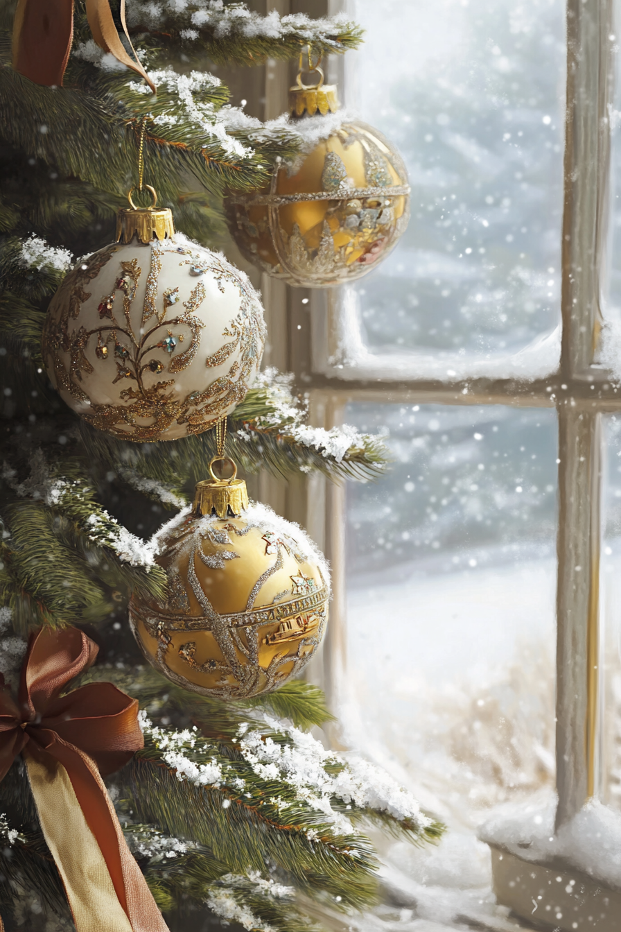 Christmas interior. Vintage baubles on golden tree, velvet ribbons, snow-kissed window vista.