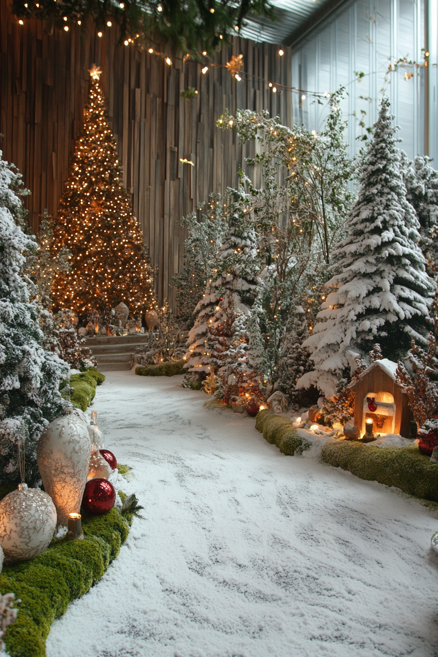 Wide angle holiday space. Snowy pine backdrop, moss strewn woodland decorations, hints of whimsical lighting.