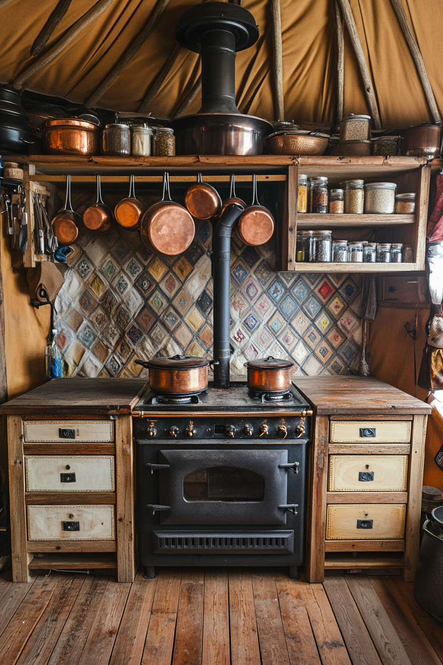 Alpine-style yurt kitchen. Woodburning stove, copper pots hanging above multidrawered wall unit of spices.