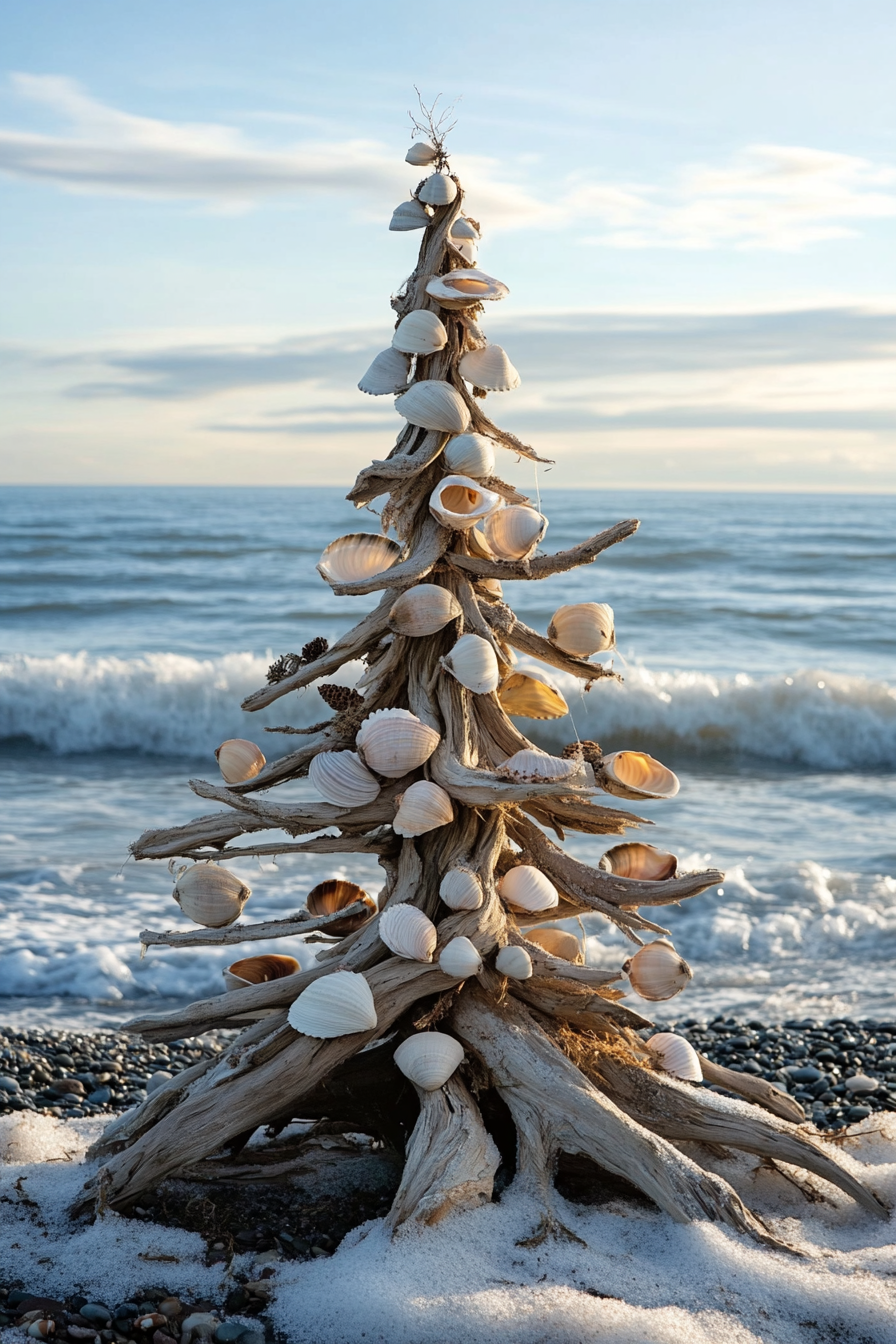 Holiday décor. Driftwood tree with seashell ornaments, overlooking winter sea waves.