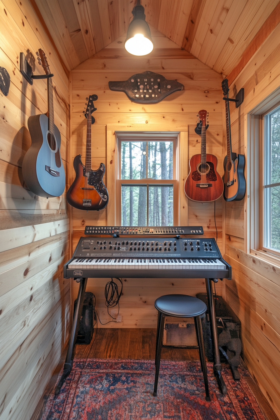 Tiny music room. Pine walls, keyboard wall-mount, guitar hanger, sound-proofing paneling.