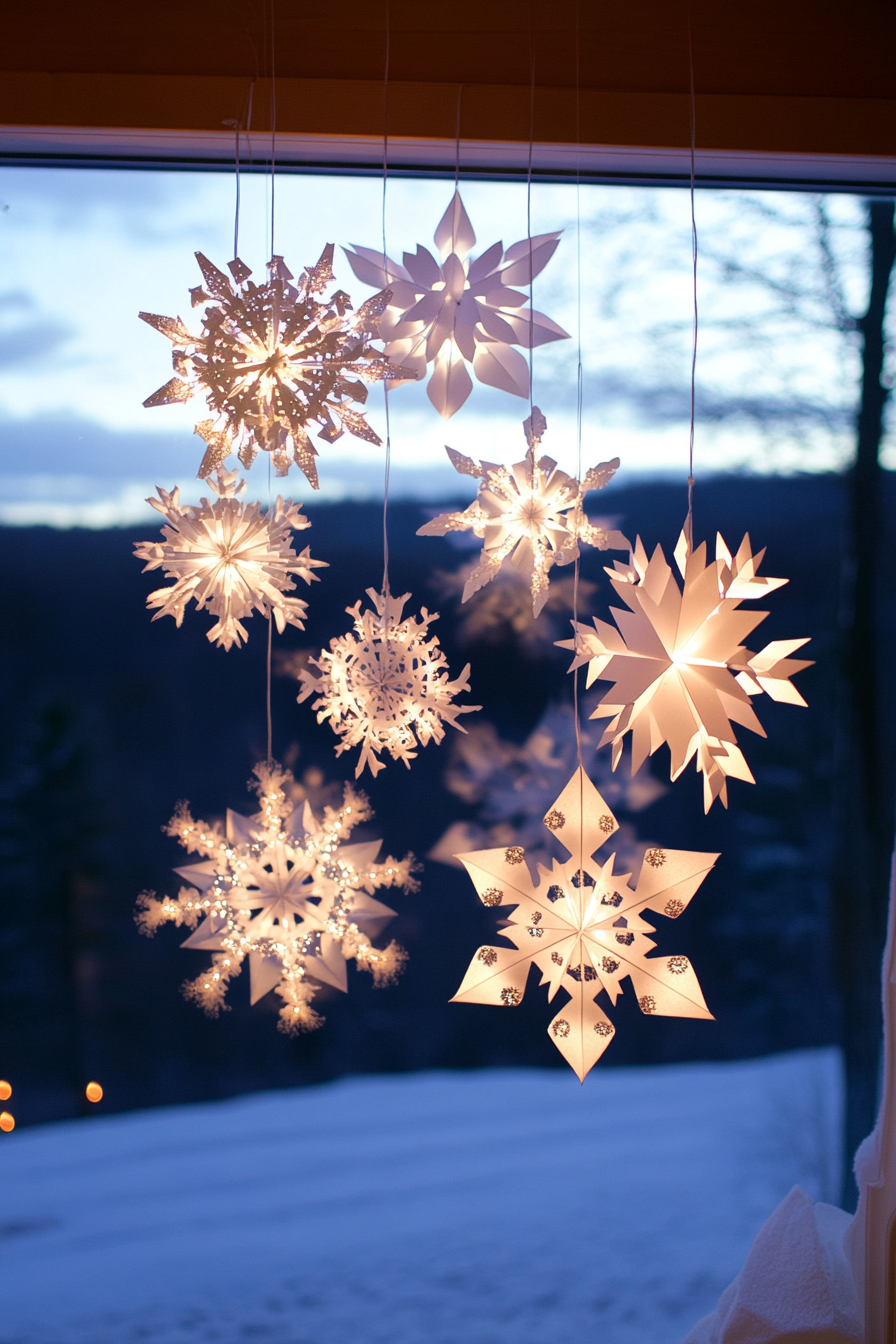 Modern Christmas décor. White lights illuminating paper snowflakes, overlooking frost-covered valley view.