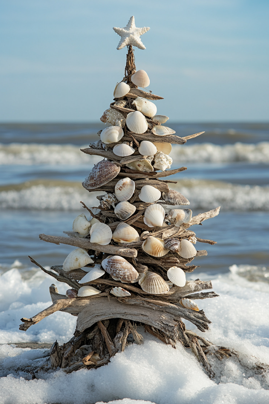 Holiday décor. Driftwood tree adorned with seashell ornaments overlooking icy waves.