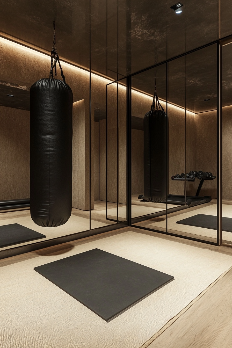 Contemporary tiny gym. Mirror wall, sleek black boxing bag, sand-colored floor mats.